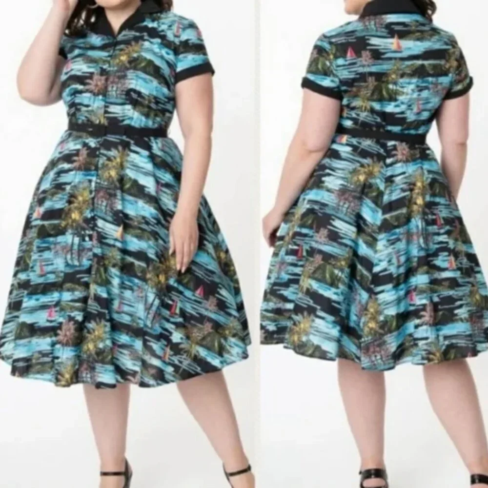 Unique Vintage Blue & Black Palm Print Print Alexis Swing Dress - 3X/20 - Picture 2 of 4
